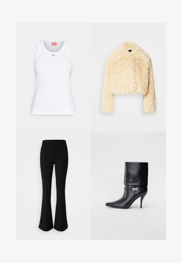 Lyhyttä tekoturkista takkia pehmeässä kermavärissä. Ominaisuuksiin kuuluu lyhyt malli, karhea tekstuuri ja pitkät hihat. Ei näkyviä kiinnityksiä.; Valkoinen toppi, joka on valmistettu puuvillasta, pyöreällä kaula-aukolla, kapealla leikkauksella ja pienellä punaisella Diesel-logolla rinnassa. Sileä pinta.; Mustat levenevät housut, jotka on valmistettu joustavasta materiaalista, jossa on sileä pinta. Housuissa on saumurivia etupuolella lisäsuunnittelua varten.; Musta nahkasaapas nilkkapituudella, teräväkärkinen, korkea stiletto-korko, käännettävä varsi ja kultainen koristeellinen solki nilkassa.