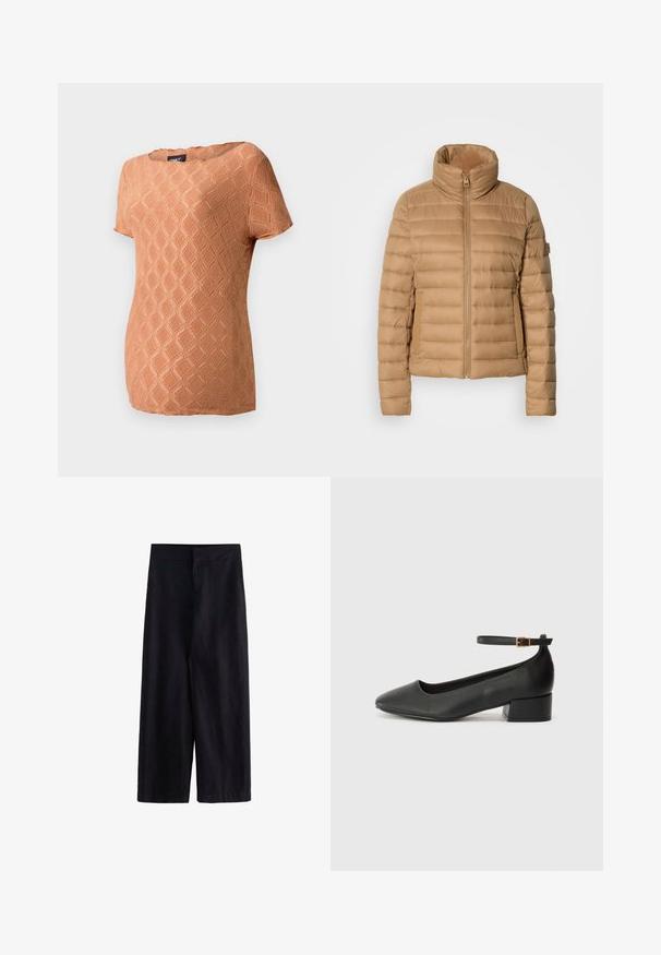 Bež jakna od puffer materijala s visokim ovratnikom, horizontalno quilted dizajnom, zatvaračem i bočnim džepovima, izrađena od glatkog, laganog materijala.; Kratki rukavi, teksturirani top u mekoj narančastoj boji s dijamantnim uzorkom. Ima okrugli izrez i opušteni kroj.; Crne široke hlače od laganog materijala. Imaju ravni pojas s prednim rajsferšlusom i džepovima, prikladne za svakodnevno ili formalno nošenje.; Crne kožne pumpe s oštrim vrhom i niskom blok petom. Sadrže remen oko gležnja s zlatnim kopčanjem. Glatka tekstura.