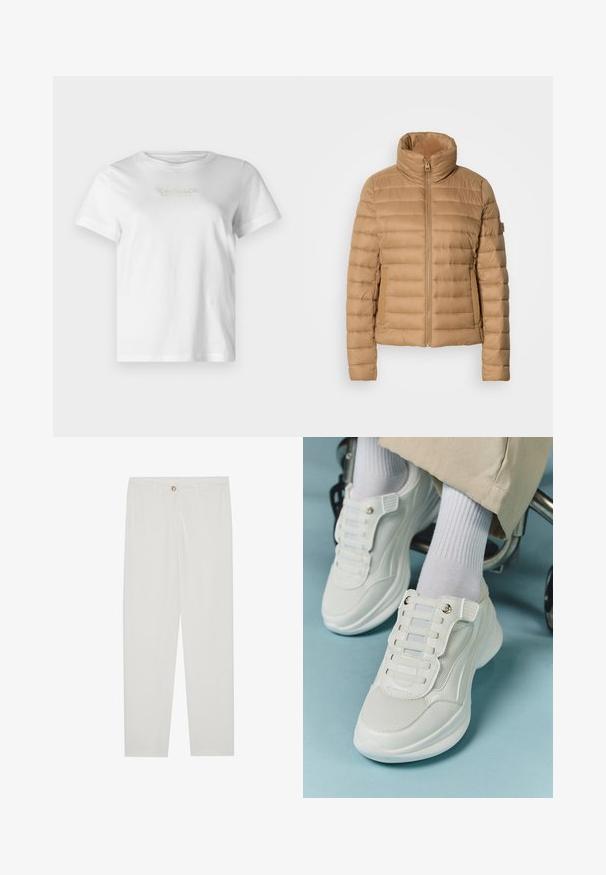 Beige puffjakke med høj krave, vandret quiltet design, lynlås lukning og sidelommer, lavet af et glat, let stof.; Hvid bomulds T-shirt med korte ærmer, prydet med et tekstureret guld- og grå mærke-logo foran. Klassisk rund hals, afslappet pasform.; Hvide, skrædderlavede bukser med lige ben design, udstyret med knaplukning, bæltesløjfer og sidelommer; glat stoftekstur.; Hvide sneakers med mesh-materiale, gummisål, snørebåndsfri design med elastiske bånd og guldtonede accenter.