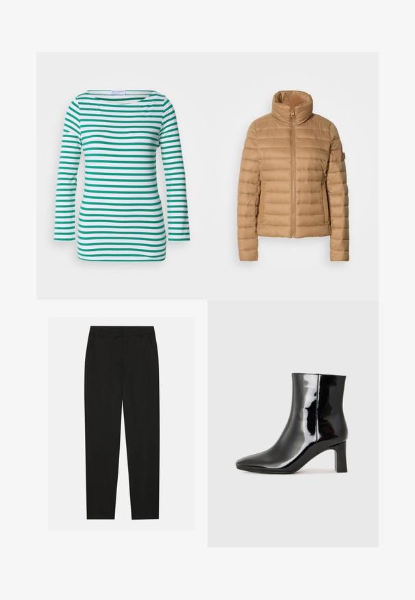 Beige Pufferjacke mit hohem Kragen, horizontalem Steppmuster, Reißverschluss und Seitentaschen, aus einem glatten, leichten Stoff gefertigt.; Gestreiftes Langarmoberteil in Weiß und Grün, mit horizontalen Streifen, einem Bootsausschnitt und einem figurbetonten Design. Weicher Stoff.; Schwarze Hosen mit taillierter Passform, ausgestattet mit seitlichen Taschen und geradem Bein. Hergestellt aus glattem, leichtem Stoff mit einem eleganten Finish.; Schwarzer Lackleder-Stiefelette mit spitzer Zehe und einem mittelhohen Blockabsatz. Glatte Textur und minimalistisches Design.
