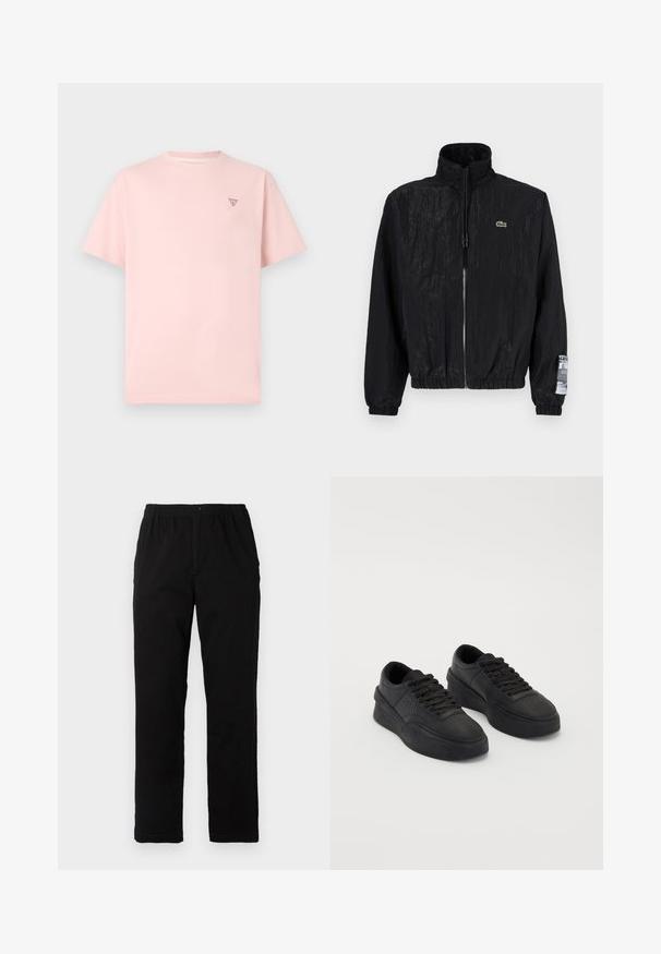 Svart lett jakke laget av teksturert stoff, med høy krage, glidelås foran og elastiske mansjetter med et logo-patch på ermet.; Lyserød t-shirt med korte ærmer i bomuld. Har et lille trekantet logo på brystet. Klassisk rund halsudskæring, afslappet pasform.; Sorte bukser laget av bomullsblandet stoff, med rett snitt, elastisk midjebånd med knapp, og uten synlige mønstre eller detaljer.; Sorte sneakers laget av glatt lær med en polstret såle. Funksjoner inkluderer flate snøringer, perforeringer på tåpartiet, og en elegant silhuett.