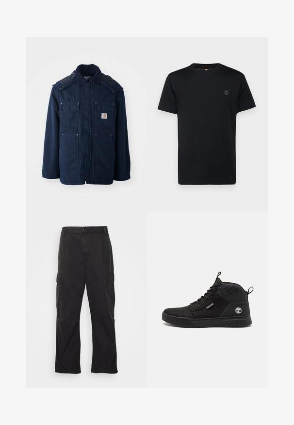 Navy blue insulated jacket featuring a button-up front, two chest pockets, and a quilted shoulder design. Made from sturdy fabric.; Black cotton t-shirt with a crew neckline, short sleeves, and a small, embroidered logo on the chest. Smooth texture, classic fit.; Black cargo pants with a straight-leg design, featuring two side pockets, a button closure, and a textured fabric.; Black high-top shoes with a mix of suede and synthetic materials, featuring a lace-up design, rubber sole, and a logo on the side.