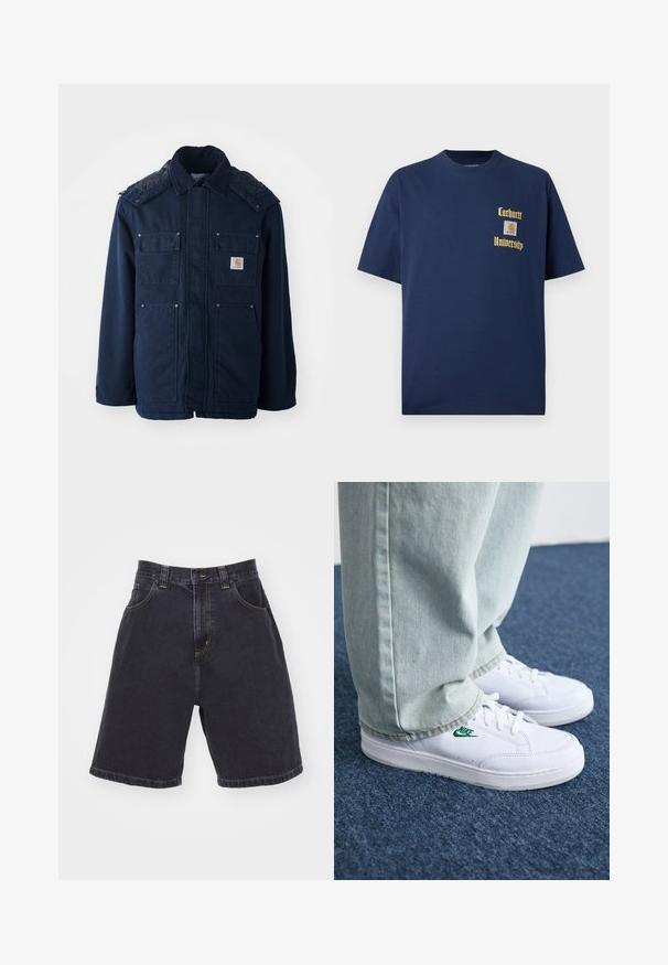 Giacca isolante blu navy con chiusura a bottoni, due tasche sul petto e design trapuntato sulle spalle. Realizzata in tessuto resistente.; T-shirt in cotone blu navy con maniche corte, caratterizzato da testo dorato "Carhartt University" e un patch del logo sul lato sinistro del petto.; Shorts in jeans scuri con vita alta, dotati di due tasche frontali, cuciture gialle a contrasto e un taglio dritto con orlo rifinito.; Sneakers in pelle bianca con logo Nike verde, punta rotonda, suola piatta, abbinati a pantaloni in denim azzurro, mostrati su un tappeto blu.