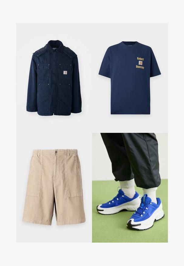 Jachetă izolată de culoare bleumarin, cu închidere butonată, două buzunare pe piept și un design matlasat pe umeri. Fabricată dintr-un material rezistent.; Tricou din bumbac bleumarin cu mâneci scurte, având inscripția aurie "Carhartt University" și o etichetă cu logo pe partea stângă a pieptului.; Șorturi din fânie bej, cu un material texturat, două buzunare laterale, talie elastică și închidere cu un singur buton.; Pantofi sport albaștri și albi, cu țesătură texturată, talpă din cauciuc proeminentă și accente negre. Au șireturi și un design cu amortizare.