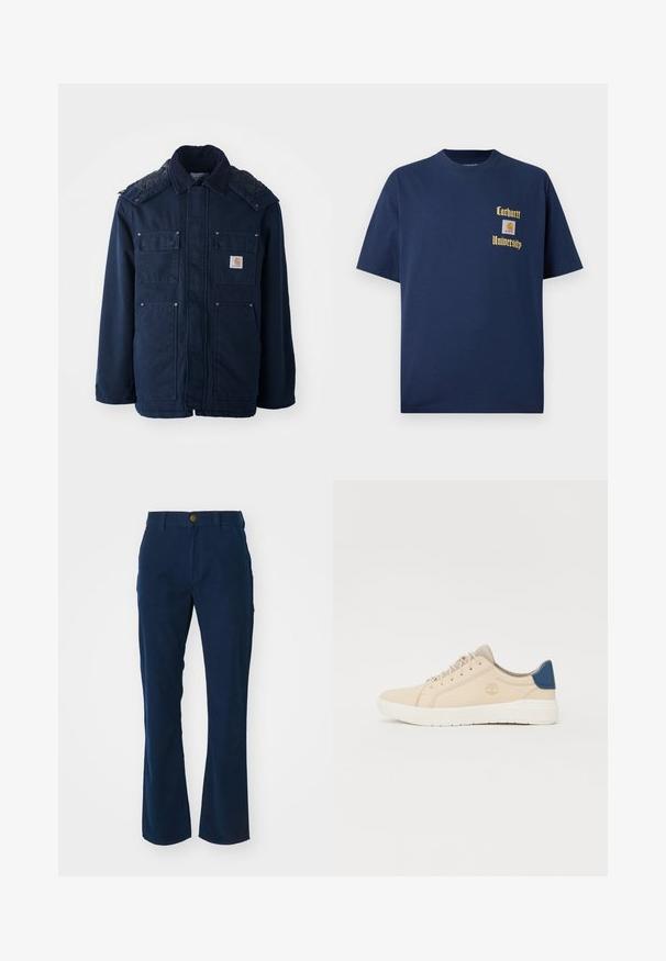 Veste isolée bleu marine avec un devant à boutons, deux poches poitrine et un design matelassé sur les épaules. Fabriquée en tissu solide.; T-shirt en coton bleu marine à manches courtes, avec le texte doré "Carhartt University" et un écusson logo sur la poitrine gauche.; Pantalons bleu marine en toile de coton avec un design évasé, dotés d'une fermeture par bouton à l'avant et de poches latérales. Texture lisse.; Baskets beiges en daim, avec une semelle blanche, des lacets beiges et un accent bleu sur le talon. Logo embossé sur le côté.