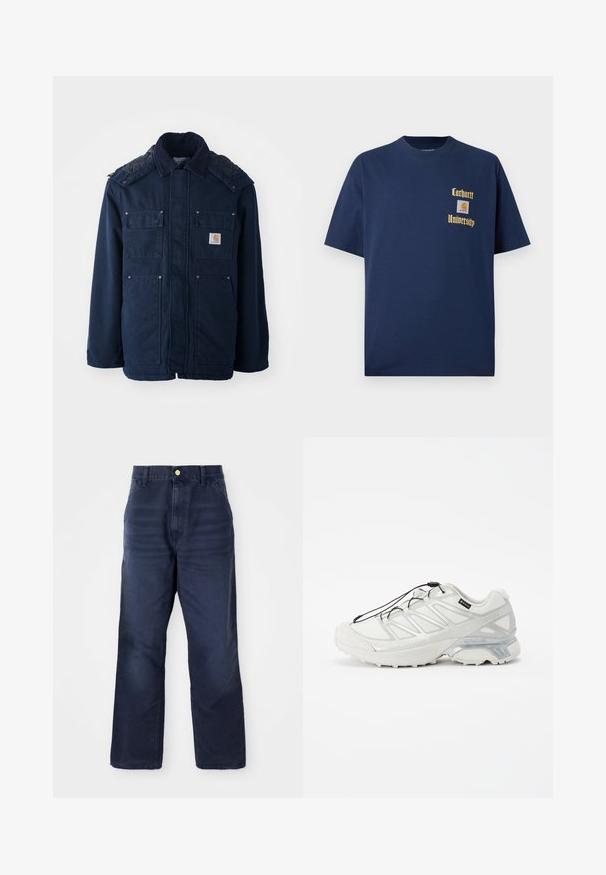 Ναυτικό μπλε μπουφάν με μόνωση, που διαθέτει μπροστινό κλείσιμο με κουμπιά, δύο τσέπες στο στήθος και ραφή με καπιτονέ στους ώμους. Κατασκευασμένο από ανθεκτικό ύφασμα.; Σκούρο μπλε βαμβακερό T-shirt με κοντά μανίκια, με χρυσό κείμενο "Carhartt University" και λογότυπο ραμμένο στο αριστερό στήθος.; Σκούρα μπλε τζιν παντελόνι με ίσια γραμμή, διαθέτοντας κλείσιμο με κουμπί μπροστά, θηλιές για ζώνη και χωρίς ορατά σχέδια ή διακοσμητικά στοιχεία.; Λευκό αθλητικό παπούτσι με υφασμάτινη άνω επιφάνεια, ανακλαστικές λεπτομέρειες και μαξιλαρωτή σόλα. Διαθέτει ελαστικά κορδόνια και γκρι λεπτομέρειες.