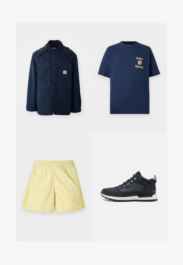 Casaco isolado azul marinho com fecho de botões, dois bolsos no peito e um design acolchoado nos ombros. Feito de um tecido resistente.; T-shirt de algodão azul-marinho com mangas curtas, apresentando texto dourado "Carhartt University" e um emblema no lado esquerdo do peito.; Shorts desportivos amarelos com cintura elástica, apresentando três riscas laterais num tom mais claro e um pequeno logótipo na parte inferior esquerda.; Sapatilha de caminhada azul marinho com parte superior em camurça e têxtil, entressola branca, sola preta e ilhós metálicos. Apresenta uma alça na parte traseira para facilitar o calçar.