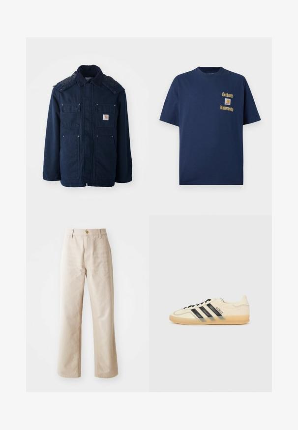 Námořnická modrá zateplená bunda s zapínáním na knoflíky, dvěma náprsními kapsami a prošívaným designem na ramenou. Vyrobena z odolné látky.; Námořnická modrá bavlněná tričko s krátkým rukávem, se zlatým textem "Carhartt University" a nášivkou na levé hrudi.; Beige bavlněné kalhoty s širokými nohavicemi, hladkou texturou, zapínáním na knoflík vpředu, poutky na opasek a dvěma bočními kapsami.; Světle krémové tenisky s černým designem tří pruhů,Texturovaný svršek, kulatá špička a gumová podešev. Obsahují šněrování a branding po straně.