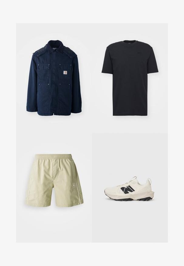 Tamno plava topla jakna s dugmadi sprijeda, dva džepa na prsima i valovitim dizajnom na ramenima. Izrađena od čvrstog materijala.; Crna pamučna majica kratkih rukava s okruglim izrezom, koja sadrži suptilni logo na prsima i opuštenu siluetu.; Svijetlozelene šortse od glatke tkanine s elastičnim pojasom, bočnim džepovima, bijelim naglascima i logotipom na lijevoj nozi.; Svijetlosmeđi tenisice s gornjim dijelom od mrežastog materijala, crnim logom i teksturiranom potplatom. Naglašene geometrijskim uzorkom na srednjem potplatu.