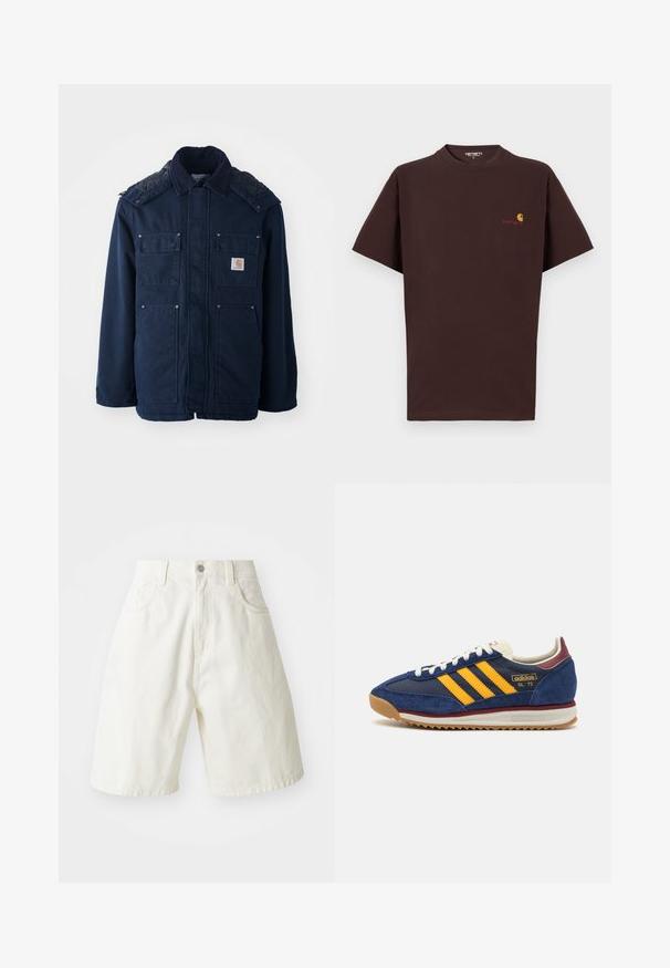 Marineblauwe geïsoleerde jas met een knoopsluiting aan de voorkant, twee borstzakken en een gequilt ontwerp op de schouders. Gemaakt van stevig materiaal.; Bruine katoenen T-shirt met korte mouwen, ronde hals, logo op de linkerkant van de borst in oranje en rood, rechte zoom en een ontspannen pasvorm.; Witte denim short met een relaxte pasvorm, voorzien van een tailleband, vijf zakken en rechte pijpen. De stof heeft een lichte textuur.; Marine blauwe suède sneaker met gele strepen, witte veters en bordeauxrode accenten. Textuurzool met groeven voor grip. Merksymbool aan de zijkant.