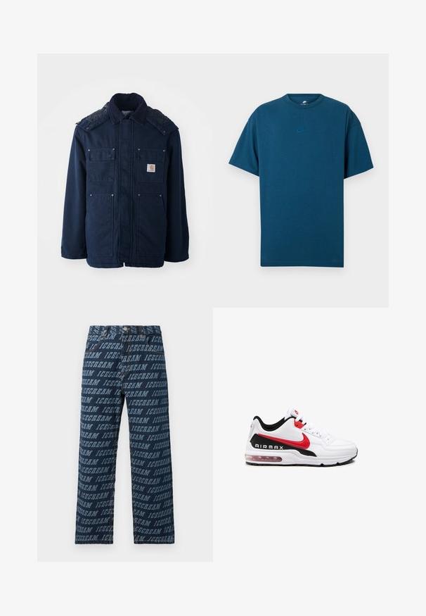 Marineblau isolierte Jacke mit Knopfleiste, zwei Brusttaschen und gestepptem Schulterdesign. Hergestellt aus strapazierfähigem Stoff.; Blaue Baumwoll-T-Shirt mit kurzen Ärmeln, runder Halslinie und kleinem, hellblauen Nike-Logo auf der Brust. Weicher Stoff, lockere Passform.; Dunkelblaue Jeans aus Denim mit einem rundum wiederholten "ICECREAM"-Textmuster in einem helleren Farbton. Gerade Schnittform mit standardmäßiger Taille.; Weißer Sportschuh mit schwarz-roten Akzenten, ausgestattet mit einem glatten Leder-Obermaterial, Schnürung vorne und sichtbarer Luftpolsterung in der Sohle.