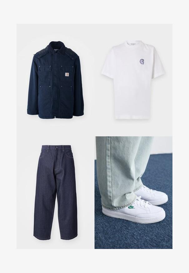 Tengerészkék szigetelt dzseki gombos elejével, két mellzsebbel és steppelt váll kialakítással. Strapabíró anyagból készült.; Fehér pamut póló rövid ujjakkal, kerek nyakkivágással és egy kis, hímzett kék "C" logóval a bal mellrészen.; Sötétkék farmernadrág, laza, széles szárú kialakítással. Jellemzői közé tartozik a gombos zárás, elülső zsebek és a látható varrási díszítések.; Fehér bőr sportcipők zöld Nike logóval, kerek orral, lapos talppal, világoskék farmernadrággal párosítva, kék szőnyegen bemutatva.