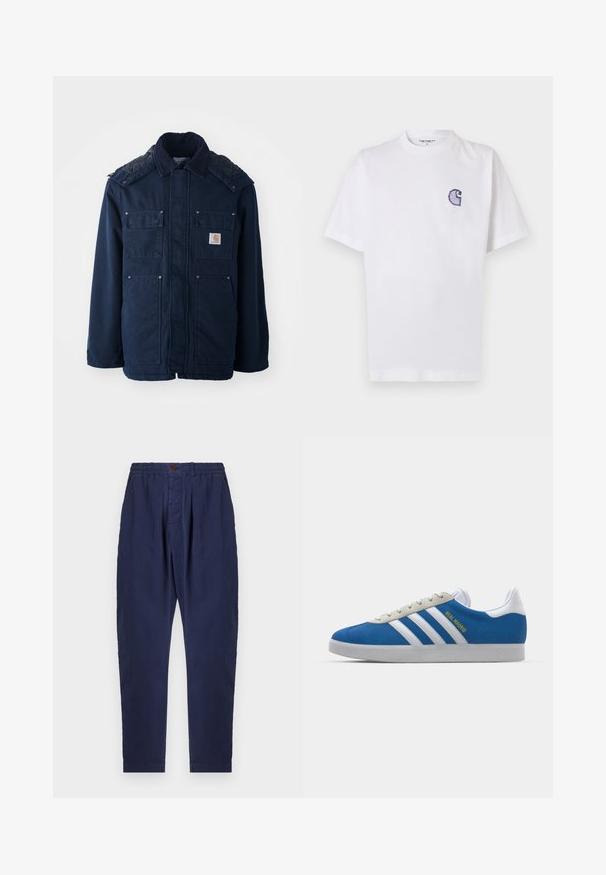 Tamno plava topla jakna s dugmadi sprijeda, dva džepa na prsima i valovitim dizajnom na ramenima. Izrađena od čvrstog materijala.; Bijela pamučna majica kratkih rukava, s okruglim izrezom i malim, plavim izvezenim logom "C" na lijevoj strani prsa.; Tamno plave hlače od teksturirane tkanine s elastičnom naramenicom, zatvaranjem na gumb i dva prednja nabora za dodatni dizajnerski detalj.; adidas Originals ADIDAS GAZELLE SHOES - Dvoranske nogometne kopačke - real madrid/bluebird/footwear white/crew yellow