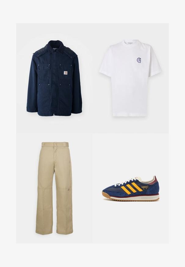Ναυτικό μπλε μπουφάν με μόνωση, που διαθέτει μπροστινό κλείσιμο με κουμπιά, δύο τσέπες στο στήθος και ραφή με καπιτονέ στους ώμους. Κατασκευασμένο από ανθεκτικό ύφασμα.; Άσπρο βαμβακερό t-shirt με κοντά μανίκια, στρογγυλή λαιμόκοψη και μικρό, κεντητό μπλε λογότυπο "C" στην αριστερή πλευρά του στήθους.; Μπεζ παντελόνια με φαρδιά πόδια φτιαγμένα από ανθεκτικό ύφασμα, με ψηλή μέση, ορατές ραφές και ένα μικρό λογότυπο στο πλάι.; Ναυτικά σουέτ sneakers με κίτρινες ρίγες, λευκή κορδέλα και μπορντό λεπτομέρειες. Υφασμάτινη σόλα με αυλάκια για πρόσφυση. Λογότυπο της μάρκας στο πλάι.