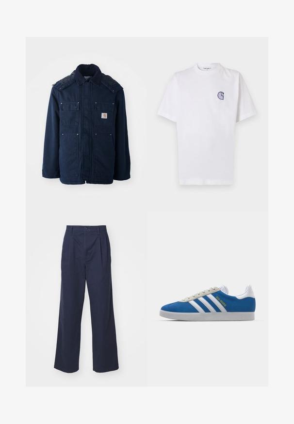 Casaco isolado azul marinho com fecho de botões, dois bolsos no peito e um design acolchoado nos ombros. Feito de um tecido resistente.; T-shirt branca de algodão com mangas curtas, decote redondo e um pequeno logotipo azul "C" bordado no lado esquerdo do peito.; DOCKERS ORIGINAL LOOSE PLEATED - Calças - navy blazer; adidas Originals ADIDAS GAZELLE SHOES - Botas de futebol de salão - real madrid/bluebird/footwear white/crew yellow