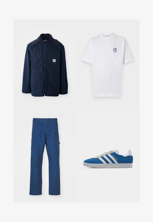 Navy blue insulated jacket featuring a button-up front, two chest pockets, and a quilted shoulder design. Made from sturdy fabric.; White cotton t-shirt with short sleeves, round neckline, and a small, embroidered blue "C" logo on the left chest area.; Blue cotton twill pants with a straight-leg design, featuring a button closure and side pocket. Smooth texture, no visible patterns or accents.; adidas Originals ADIDAS GAZELLE SHOES - Indoor football boots - real madrid/bluebird/footwear white/crew yellow