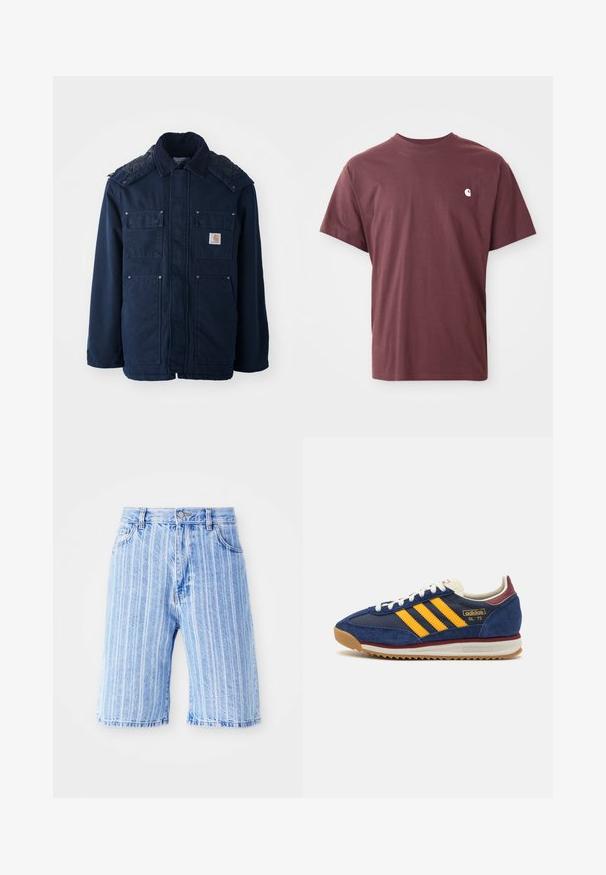 Tengerészkék szigetelt dzseki gombos elejével, két mellzsebbel és steppelt váll kialakítással. Strapabíró anyagból készült.; Burgundy színű pamut póló rövid ujjal, kerek nyakkivágással és egy kis fehér logóval a bal mellen. Sima textúra, laza szabás.; Világoskék farmer rövidnadrág, függőleges fehér csíkokkal, klasszikus öt zsebes kialakítással és gombos derékzárral.; Sötétkék velúr sportcipő sárga cscsíkokkal, fehér fűzőkkel és bordeaux vörös kiegészítőkkel. Texturált talp barázdákkal a tapadás érdekében. Márkajelzés az oldalon.