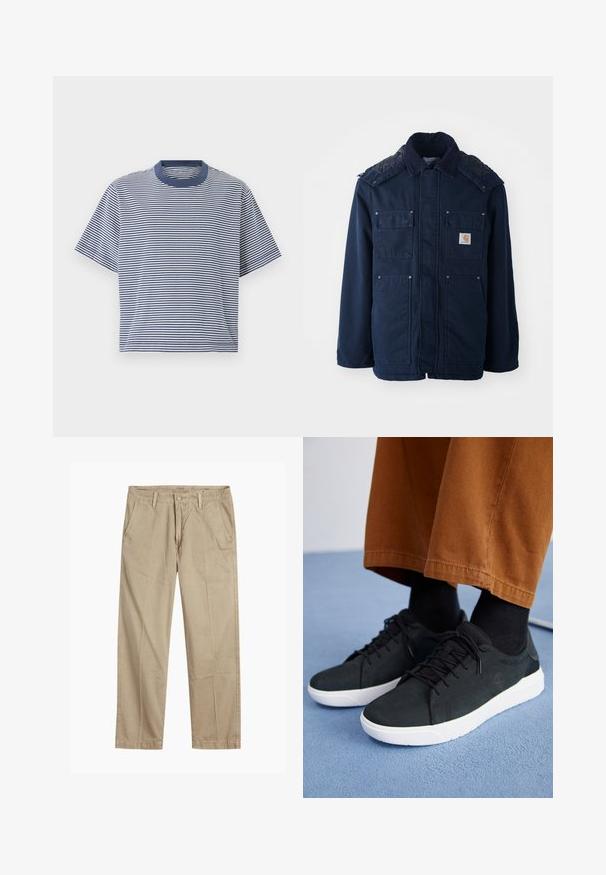 Mørkeblå isoleret jakke med knaplukning foran, to brystlommer og en quiltet skulderdesign. Fremstillet af robust stof.; Blå og hvid stribet kortærmet t-shirt med rund halsudskæring og en afslappet pasform, lavet af blødt, let materiale.; Beige lige ben chinos med bæltestropper, frontknap og lynlås lukning samt skrå frontlommer.; Sorte ruskinds sneakers med hvide gummisulder, med snørebånd-design, teksturerede detaljer og diskret branding, parret med brune bukser.