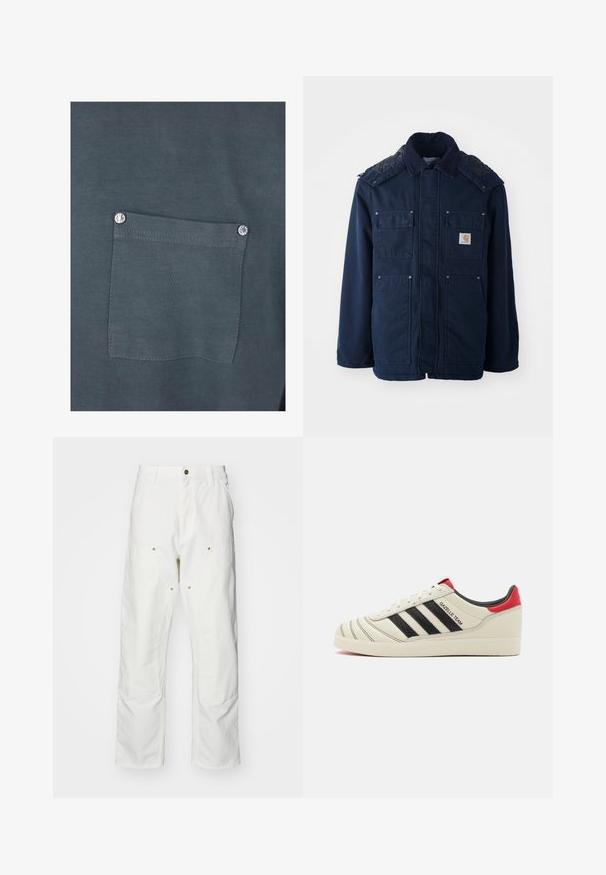 Tengerészkék szigetelt dzseki gombos elejével, két mellzsebbel és steppelt váll kialakítással. Strapabíró anyagból készült.; Sötét szürke pamut póló, elülső zsebbel, ezüst színű nyomógombbal és sima textúrával. A varrás részletei láthatók a zsebnél.; Fehér pamut cargo nadrág, laza szabású. Jellemzői közé tartozik az elülső zsebek, az arany színű fémalkatrészek és a megerősített térd részek.; Krém színű bőr sportcipők fekete csíkokkal, piros sarokdíszítéssel és texturált részletekkel. Gumi talppal és fűzős záródással rendelkezik.