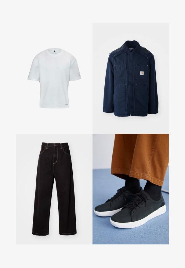 Laivansiniset eristetyt takki, jossa on napitus edessä, kaksi rintataskua ja tikattu hartiamuotoilu. Valmistettu kestävästä kankaasta.; Valkoinen puuvillapaita, jossa on pyöreä pääntie ja lyhyet hihat. Suora leikkaus, jossa on pieni logo yksityiskohtana sivussa. Sileä rakenne.; Mustat denim-leveät housut, joissa on kontrastiväriset saumat, viisi taskua ja edessä nappikiinnitys. Lisäksi ne ovat sileät ja kestävä kangas.; Musta mokkanahkakengät valkoisilla kumipohjilla, joissa on nauhakiinnitys, teksturoituja yksityiskohtia ja huomaamatonta brändäystä, yhdistettynä ruskeisiin housuihin.