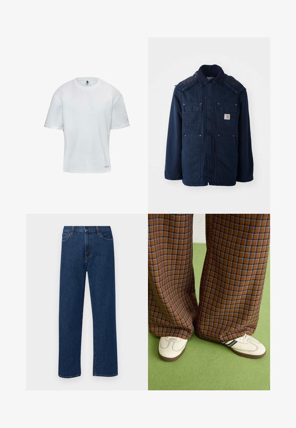 Chaquetón aislante de color azul marino con botón al frente, dos bolsillos en el pecho y un diseño acolchado en los hombros. Fabricado con tejido resistente.; Camiseta de algodón blanca con cuello redondo y mangas cortas. Corte recto con un pequeño logotipo en el lateral. Textura suave.; Jeans de denim de pierna recta en azul oscuro con bolsillos delanteros y cierre de botón, exhibidos sobre un fondo blanco liso.; Pantalones de pata de elefante de cuadros marrones y azules combinados con zapatos blancos con detalles en negro y suelas texturizadas, sobre un fondo verde.