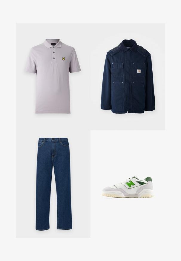 Giacca isolante blu navy con chiusura a bottoni, due tasche sul petto e design trapuntato sulle spalle. Realizzata in tessuto resistente.; Polo color lavanda chiaro realizzata in cotone, con abbottonatura a tre bottoni e logo giallo ricamato sul petto a sinistra. Maniche corte.; Jeans in denim di un blu scuro a gamba dritta con tasche anteriori e chiusura con bottone, esposti su uno sfondo bianco semplice.; Sneaker bianca con accenti verdi, realizzata in pelle e suede. Presenta una tomaia testurizzata, colletto imbottito e una suola in gomma con battistrada visibile.