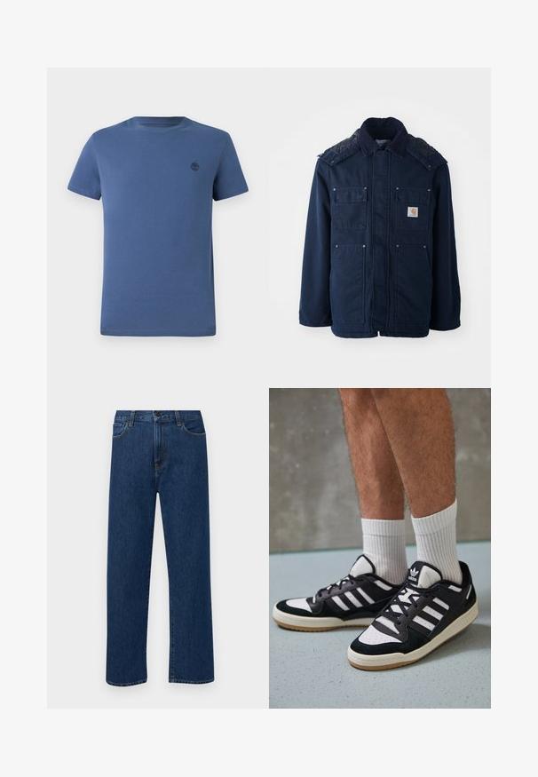 Tamsiai mėlyna izoliacinė striukė su mygtukų užtrauktuku priekyje, dviem krūtinės kišenėmis ir siuvinėtu pečių dizainu. Pagaminta iš tvirto audinio.; Mėlynas apvalios kaklo marškinėliai, pagaminti iš medvilnės, su trumpomis rankovėmis ir mažuoju tamsiu medžio logotipu kairėje krūtinės pusėje.; Tamsiai mėlynos tiesaus žandikaulio džinsai su priekinėmis kišenėmis ir mygtuko uždarymu, rodantys ant paprasto balto fono.; Juodos ir baltos sportinės bateliai su zomšiniu ir odiniu viršumi, su trimis baltomis juostelėmis, perforuota koja ir guminėmis padais.