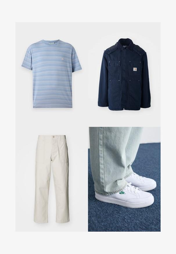 Tamsiai mėlyna izoliacinė striukė su mygtukų užtrauktuku priekyje, dviem krūtinės kišenėmis ir siuvinėtu pečių dizainu. Pagaminta iš tvirto audinio.; Šviesiai mėlynas dryžuotas marškinėlis su baltomis horizontaliomis juostelėmis, apvaliu kaklu ir mažuoju rožiniu logotipu kairėje krūtinės pusėje. Minkšta medvilninė medžiaga.; Šviesiai pilki plačius kelnes, pagamintas iš medvilnės. Yra priekinės kišenės ir mygtuko uždarymas. Lygus paviršius su subtiliomis vertikaliomis linijomis.; Balti odiniai sportbačiai su žaliu Nike logotipu, apvalia nosimi, plokščiu padu, derinami su šviesiai mėlynomis džinsinėmis kelnėmis, rodomi ant mėlynos kiliminės dangos.