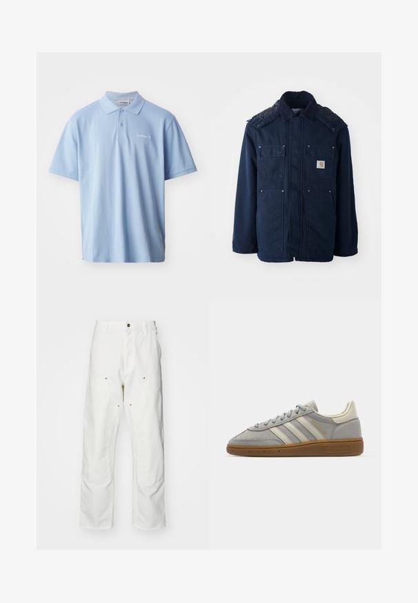 Tamsiai mėlyna izoliacinė striukė su mygtukų užtrauktuku priekyje, dviem krūtinės kišenėmis ir siuvinėtu pečių dizainu. Pagaminta iš tvirto audinio.; Šviesiai mėlyna medvilninė polo marškinėliai trumpomis rankovėmis, su trimis mygtukais priekyje ir išsiuvinėtu logotipu kairėje krūtinės pusėje. Lygaus paviršiaus.; Balti medvilniniai kargo džinsai su laisvu siluetu. Ypatybės apima priekines kišenes, auksinius apdailos elementus ir sustiprintas kelio dalis.; Pilki zomšiniai sportbačiai su šviesiai pilkomis odinėmis juostelėmis ir guminiu padu. Ypatybės: raištelių uždarymas ir subtilus prekės ženklo logotipas ant liežuvėlio.