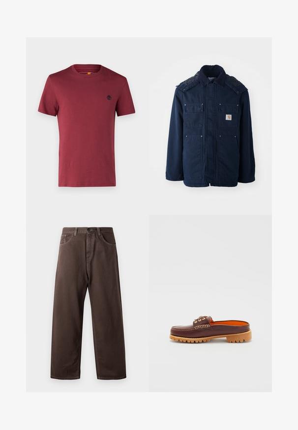 Temno modra izolirana jakna z gumbom, dvema žepoma na prsih in prešitimi rameni. Narejena iz trpežnega materiala.; Burgundska majica kratkih rukava s okruglim izrezom, s malim crnim logotipom drveta na lijevoj strani prsnog dijela, prikazana na čistoj bijeloj pozadini.; Rjave široke hlače iz bombaža, ki imajo klasičen dizajn s petimi žepi, zadrgo in vidne šive.; Rjave usnjene čevlje brez vezalk z zaobljenim nosom, teksturiranimi šivi, zlatimi luknjicami in tanjšo, robasto podplatko. Notranjost je v svetlo oranžni barvi.