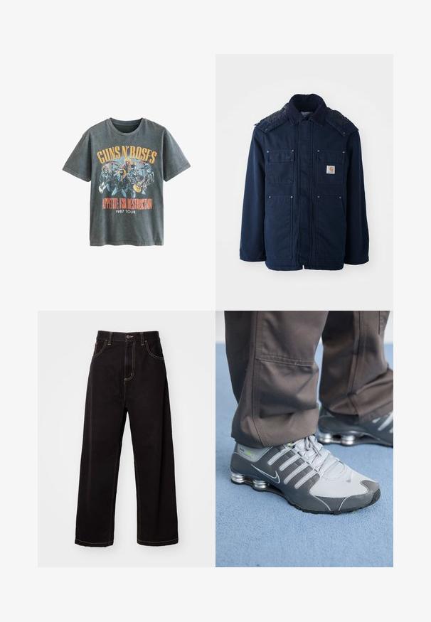 Temno modra izolirana jakna z gumbom, dvema žepoma na prsih in prešitimi rameni. Narejena iz trpežnega materiala.; Next LICENSE REGULAR - Potiskana majica - charcoal grey guns n roses; Črne široke kavbojke iz denima s kontrastnimi šivi, petskrnimi žepi in sprednjim gumbom. Gladka tekstura in trpežno blago.; Sive in srebrne Nike Shox teniske imajo eleganten dizajn, z mrežastimi in sintetičnimi materiali, zaobljenim nosom in oblazinjenim ovratnikom.