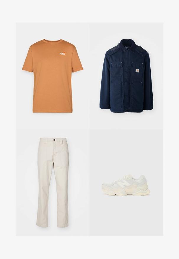 Casaco isolado azul marinho com fecho de botões, dois bolsos no peito e um design acolchoado nos ombros. Feito de um tecido resistente.; Camiseta de manga curta e decote redondo numa tonalidade castanha quente, feita de algodão suave; apresenta um pequeno logótipo laranja da Puma no canto superior esquerdo.; Calças de algodão bege com um design de perna reta, apresentando dois bolsos frontais, um fecho de botão único e acentos de costura visíveis.; Sapatilha leve com um upper em malha e camurça em tons suaves de creme, com uma sola robusta e acentos tridimensionais.