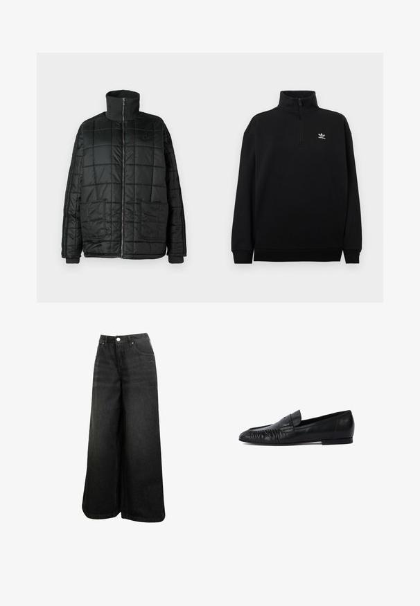 Črna oblazinjena jakna z visokim ovratnikom, sprednjim zadrgo, dvema velikima žepoma in prešito zasnovo. Ima rebraste manšete in ovratnik za dodatno toploto.; Črn pulover s četrtinskim zadrgo iz mehke tkanine, z visokim ovratnikom, rebrastimi manšetami in majhnim belim logotipom Adidas na prsih.; Črne široke denim hlače z visokim pasom, sprednjim gumbom, žepi in diskretno logo na sprednjem žepu.; Črni usnjeni loafers čevlji z zaobljenim nosom, šivani detajli spredaj in ravnim podplatom. Minimalistična zasnova z diskretnim logotipom.