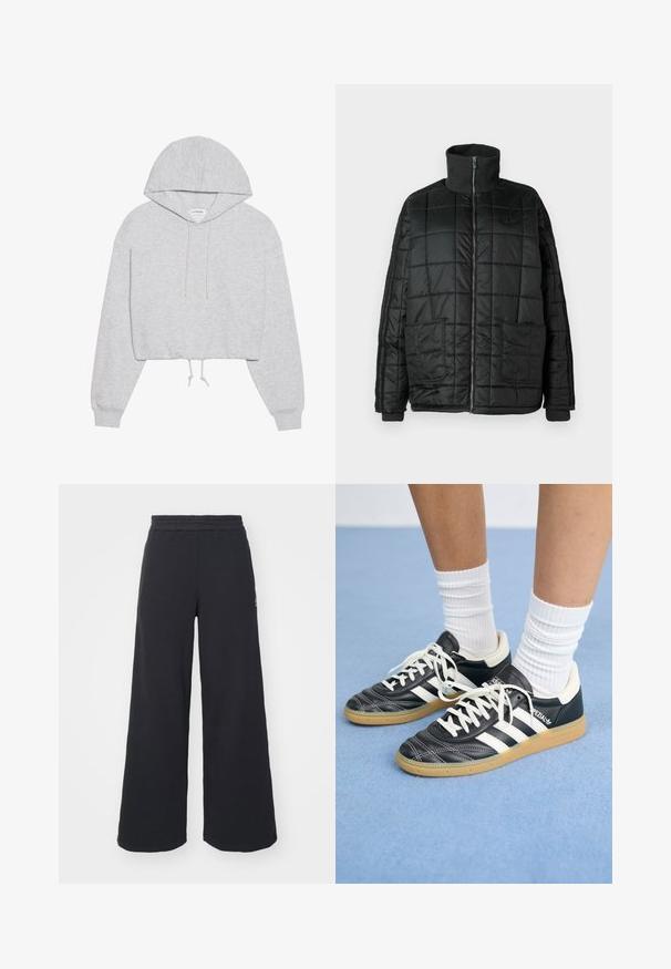 Črna oblazinjena jakna z visokim ovratnikom, sprednjim zadrgo, dvema velikima žepoma in prešito zasnovo. Ima rebraste manšete in ovratnik za dodatno toploto.; Siva skrajšana kapuca iz mehkega materiala, ki ima kapuco z vrvico, dolge rokave in rebraste manšete. Preprost dizajn brez vzorcev ali grafike.; Črne široke trenirke iz mehkega blaga, z elastičnim pasom in majhnim logotipom na levi strani.; Črne usnjene superge z belimi črtami, okroglo konico, belimi vezalkami in gumijastim podplatom. Poudarjene z oblazinjenim ovratnikom in detajli blagovne znamke.