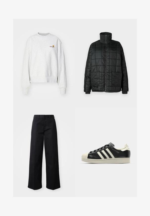 Čierna prešívaná bunda s vysokým golierom, predným zipsom, dvoma veľkými vreckami a prešívaným dizajnom. Obsahuje rebrované manžety a golier pre dodatočné teplo.; Šedá mikina s okrúhlym výstrihom vyrobená z mäkkej tkaniny s rebrovanými manžetami a lemom; na hrudi má vyšívané logo v žltej a bordovej farbe.; Čierne široké nohavice z jemnej bavlny. Majú klasický pás, bočné vrecká a rovný strih po lem.; Čierne kožené tenisky s bielymi pruhmi, gumenou špičkou, čiernymi šnúrkami a krémovobielou podrážkou. Hladký povrch s lesklým finišom.