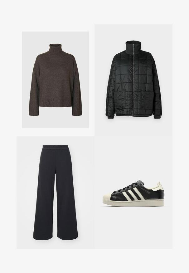 Veste rembourrée noire avec un col haut, fermeture éclair à l'avant, deux grandes poches et un design matelassé. Dispose de poignets et d'un col côtelés pour plus de chaleur.; Pull à col roulé marron foncé, en tissu tricot doux, manches larges, bords côtelés aux poignets et à l'ourlet, coupe décontractée, design minimal, sans motifs ni accents.; Pantalons de survêtement larges noirs en tissu doux, dotés d'une taille élastique et d'un petit logo sur le côté gauche.; Baskets en cuir noir avec des rayures blanches, embout en caoutchouc, lacets noirs et semelle extérieure crème. Texture lisse avec une finition brillante.