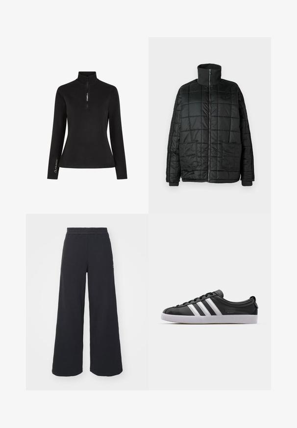Černá polstrovaná bunda s vysokým límcem, předním zipem, dvěma velkými kapsami a prošívaným designem. Obsahuje žebrované manžety a límec pro zvýšení tepla.; Černý dlouhý rukáv svetr s polovičním zipem u límce. Na přední straně má logo "ONEILL" a branding "POLARTEC" na rukávu, vyrobený z měkké tkaniny.; Černé široké tepláky vyrobené z měkké tkaniny, s elastickým pasem a malým logem na levé straně.; Černé kožené tenisky s bílým trojitým pruhovaným designem, kulatou špičkou, plochou bílou gumovou podrážkou a značkovým detailem na boku.