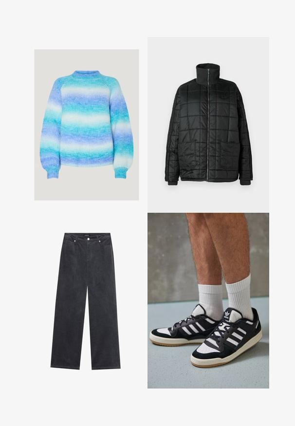 Svart polstret jakke med høy krage, frontglidelås, to store lommer og quiltet design. Har ribbestrikkede mansjetter og krage for ekstra varme.; Lett strikket genser i gradient nyanser av blått og hvitt; har høy hals og ribbede mansjetter for en avslappet passform.; Bredde ben bukser i mørkegrå kordfløyel med knappelukking, fire lommer og en myk tekstur.; Sorte og hvite sneakers med overdel i semsket skinn og lær, med tre hvite striper, perforert tå og en såle av gummi.