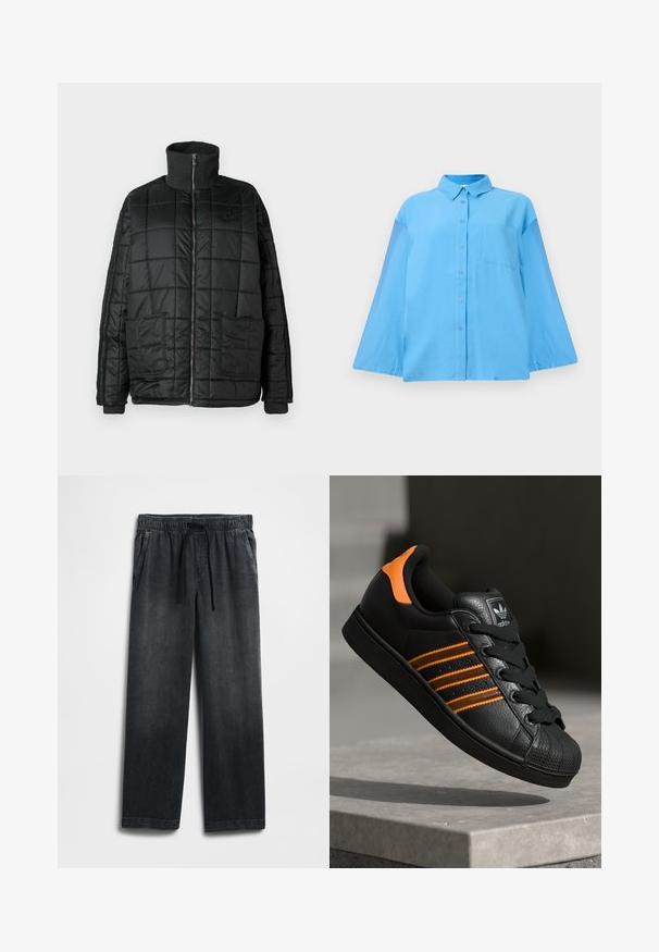 Black padded jacket with a high collar, front zip, two large pockets, and quilted design. Features ribbed cuffs and neck for added warmth.; Light blue long-sleeve button-up shirt with a collar and a single chest pocket, displayed against a plain white background.; Black denim pants featuring an elastic waistband with a drawstring, wide-leg fit, and subtle fading. Two side pockets included.; Black sneaker with orange accents, three horizontal stripes, textured leather upper, rubber toe cap, and black laces.