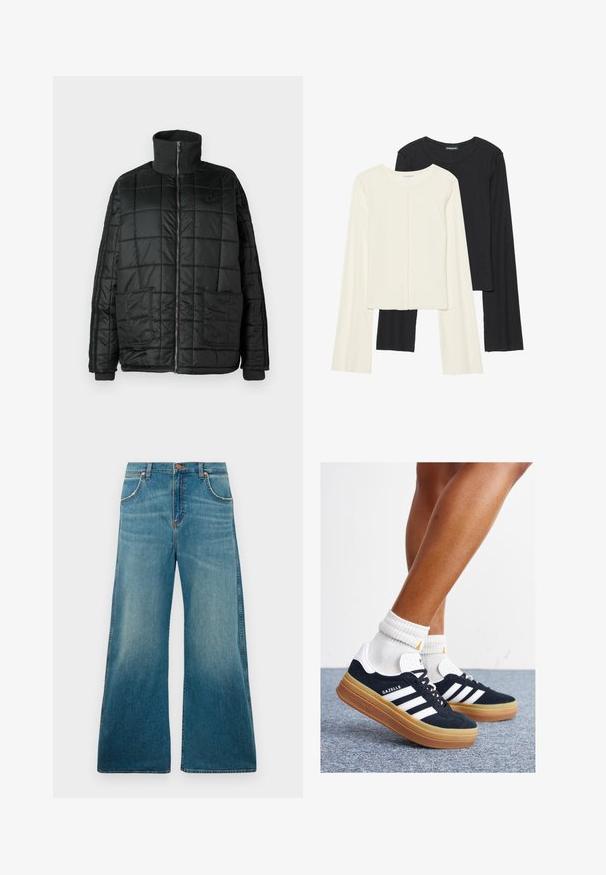 Black padded jacket with a high collar, front zip, two large pockets, and quilted design. Features ribbed cuffs and neck for added warmth.; Set of two long-sleeve tops in white and black. Ribbed texture, round neck, fitted design with slightly flared sleeves.; High-waisted blue denim jeans with wide legs, front pockets, button closure, and faded color gradient from waist to hem.; Black suede sneakers with white stripes and accents, rounded toe, gum rubber outsole, paired with white ribbed crew socks.