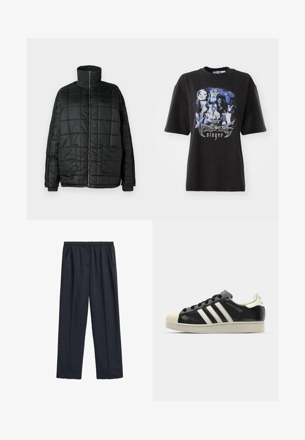 Black padded jacket with a high collar, front zip, two large pockets, and quilted design. Features ribbed cuffs and neck for added warmth.; Black oversized t-shirt made of cotton, featuring a graphic print in blue tones with images and text related to "Buffy the Vampire Slayer."; Navy wide-leg trousers with an elastic waistband, two side pockets, soft fabric texture, and a flowing design.; Black leather sneaker with white stripes, rubber toe cap, black laces, and a cream-colored outsole. Smooth texture with shiny finish.