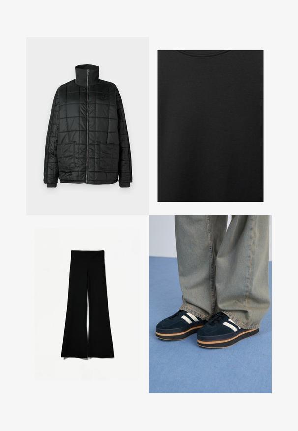 Sort foret jakke med høj krave, lynlås foran, to store lommer og quiltet design. Har ribbede manchetter og krave for ekstra varme.; Sort bomuldsstof med glat struktur og rund halsudskæring, prydet med et subtilt, jævnt kornmønster. Ingen synlige logoer eller accenter.; Sorte flagrende bukser med bred ben-design, der har en glat tekstur og en høj talje. Fremstillet af strækbart stof for komfort.; Mørkeblå ruskinds-platform sneakers med hvide striber og sorte snørebånd. Har en tyk brun gummisål. Bæres med lyseblå denimbukser.