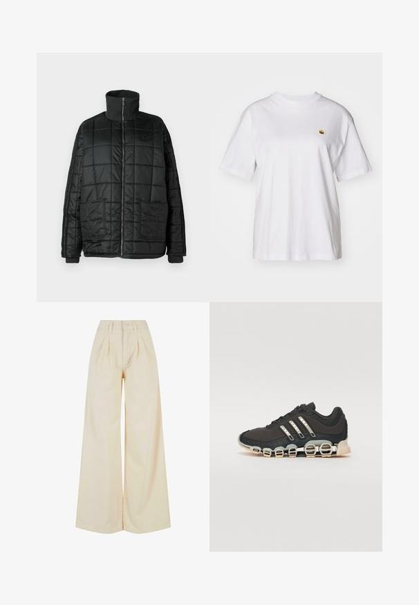 Črna oblazinjena jakna z visokim ovratnikom, sprednjim zadrgo, dvema velikima žepoma in prešito zasnovo. Ima rebraste manšete in ovratnik za dodatno toploto.; Bela bombažna majica s sproščenim krojem, kratkimi rokavi in majhnim vezenim logotipom na levi strani prsnega predela.; Bežaste hlače širokega kroja z visokim pasom, z gumbom za zapiranje in detajli nabora. Gladka tkanina z mehkobe.; Črne športne čevlje z teksturiranim zgornjim delom, tremi srebrnimi črtami in značilno blažilno podplatom, ki vključuje več integriranih delov.