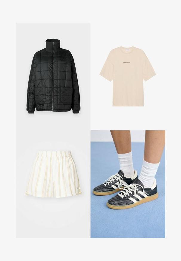 Černá polstrovaná bunda s vysokým límcem, předním zipem, dvěma velkými kapsami a prošívaným designem. Obsahuje žebrované manžety a límec pro zvýšení tepla.; Beige bavlněné tričko s volným střihem, krátkými rukávy a kulatým výstřihem. Na přední straně je černý potisk "Positive Sincere".; Bílé šortky s tenkými žlutými vertikálními pruhy, elastickým pasem a bočními rozparky. Vyrobeny z lehké, prodyšné látky.; Černé kožené tenisky s bílými pruhy, kulatou špičkou, bílými tkaničkami a gumovou podrážkou. Zvýrazněno polstrovaným límcem a detaily s logem.