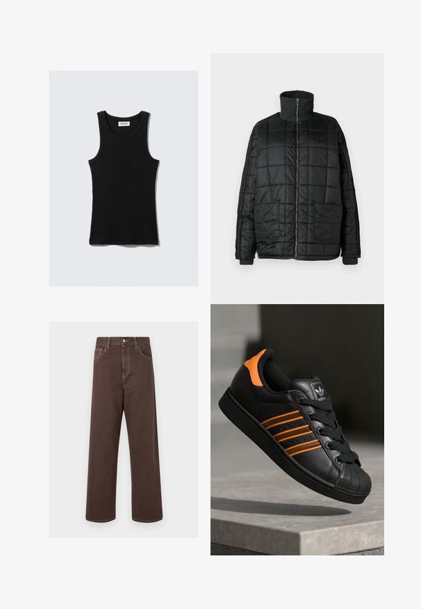 Must-valge puhvis jakk kõrge kaelusega, esiosal tõmblukk, kaks suurt taskut ja tikandiga disain. Omab ribatud mansette ja kaelust, et pakkuda rohkem soojust.; Mustmust muströögiga tank top ümmarguse kaelusega, laiad õlavarrehihnad ja kehakujuline lõige. Omab brändimärki valges.; Pruunid laiad denimipüksid kontrastsete õmblustega, viie tasku ja metallnupuga sulgu. Sile tekstuur, sirge lõige.; Mustad mustad mustad oranzhides üksikasjad, kolm horisontaalset triipu, tekstureeritud nahk pealisosa, kummist varbaosa ja mustad paelad.