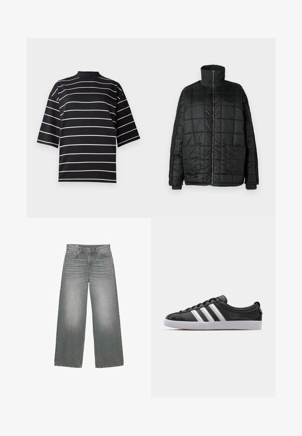 Svart vadderad jacka med hög krage, framzip, två stora fickor och quiltad design. Har ribbade muddar och krage för extra värme.; Svart kortärmad skjorta med vita horisontella ränder. Har en hög hals och en avslappnad passform, tillverkad av ett smidigt, elastiskt tyg.; Breda ben, grå denimjeans med en något blekt yta, femficksdesign och klassisk knapp- och dragkedjestängning.; Svarta lädersneakers med vit tre-stripesdesign, rund tå, platt vit gummisula och varumärkesdetalj på sidan.