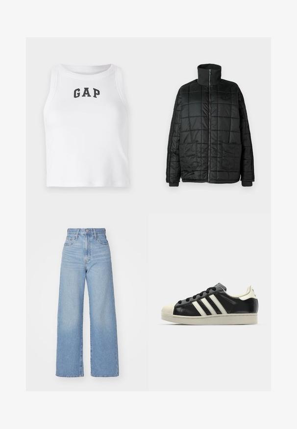 Svart polstret jakke med høy krage, frontglidelås, to store lommer og quiltet design. Har ribbestrikkede mansjetter og krage for ekstra varme.; Hvit ermeløs crop topp laget av ribbestrikket stoff, med en svart "GAP"-logo foran. Rund halslinning med rene sømmer.; Lys blå høytlivs vide jeans med knapp- og glidelås lukking foran, foran og bak lommer, på en hvit bakgrunn.; Svarte skinnsneakers med hvite striper, gummitopp, svarte lisser og en kremfarget såle. Glatt tekstur med blank finish.