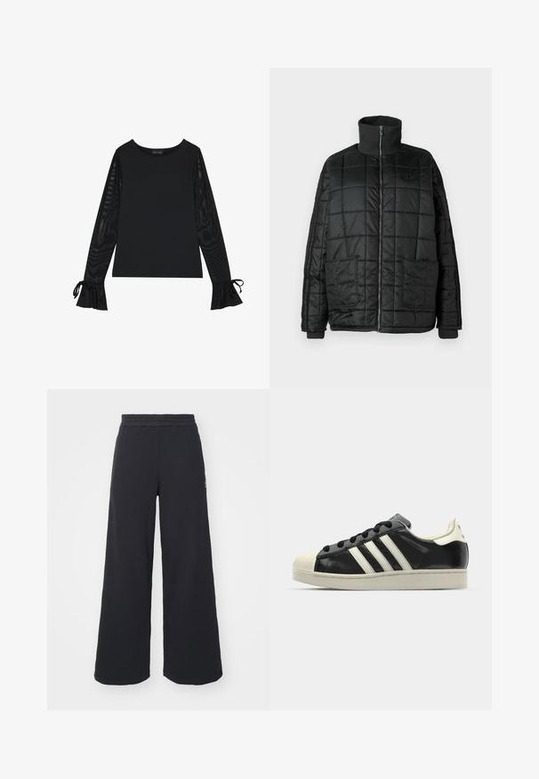 Casaco acolchoado preto com gola alta, fecho frontal, dois bolsos grandes e design matelassado. Apresenta punhos e gola canelados para maior calor.; Top preto com corpo sólido e mangas amplas e transparentes. Apresenta detalhes em laço nos punhos. Feito de um tecido suave com um design ajustado.; Calças de fato largas, pretas, feitas de tecido macio, com uma cintura elástica e um pequeno logótipo do lado esquerdo.; Sapatilha de couro preto com riscas brancas, biqueira de borracha, atacadores pretos e sola na cor creme. Textura suave com acabamento brilhante.