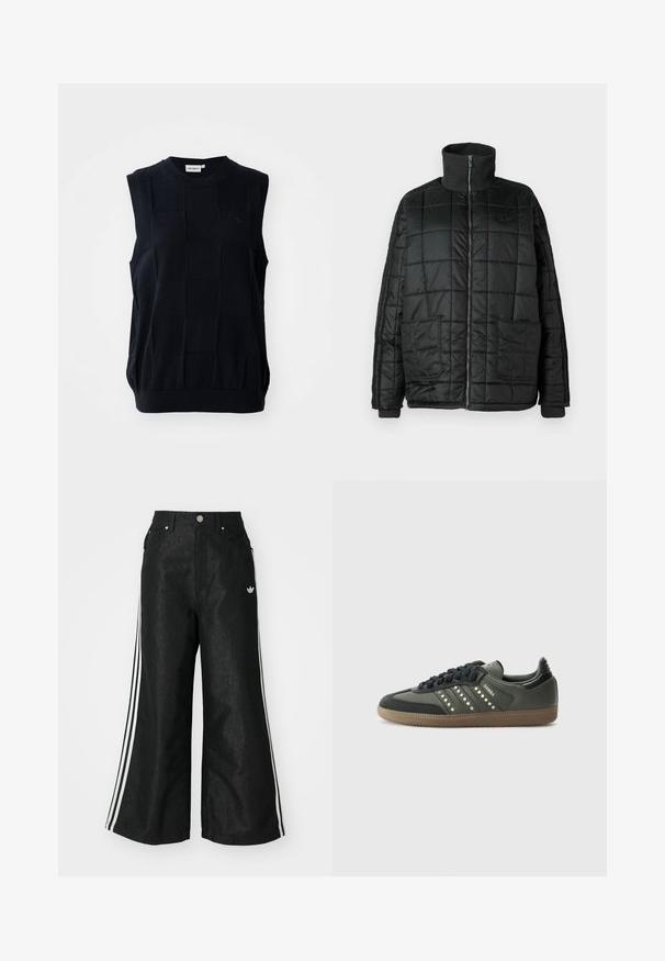Crna podstavljena jakna s visokim ovratnikom, prednjim zatvaračem, dva velika džepa i kviltanim dizajnom. Ima rebraste manžete i ovratnik za dodatnu toplinu.; Majica bez rukava u tamnoplavoj boji s teksturiranim kariranim uzorkom. Ima okrugli ovratnik i elastičnu donju stranu. Napravljena je od fleksibilnog materijala.; Crne široke traper hlače s tri bijele pruge sa svake strane i malim bijelim logom. Ima prednje džepove i preklop s gumbom.; adidas Originals SAMBA OG - Tenisice - core black/legend earth/gum
