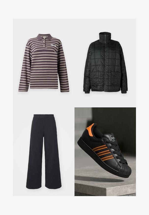 Svart polstret jakke med høy krage, frontglidelås, to store lommer og quiltet design. Har ribbestrikkede mansjetter og krage for ekstra varme.; Mørk lilla langermet polo-skjorte med hvite horisontale striper, med knappet krage og brodert logo på brystet.; Svart bukse med vid benvidde laget av myk stoff, med elastisk midjebånd og en liten logo på venstre side.; Svart sneaker med oransje detaljer, tre horisontale striper, teksturert skinnoverdel, gummitå, og svarte lisser.